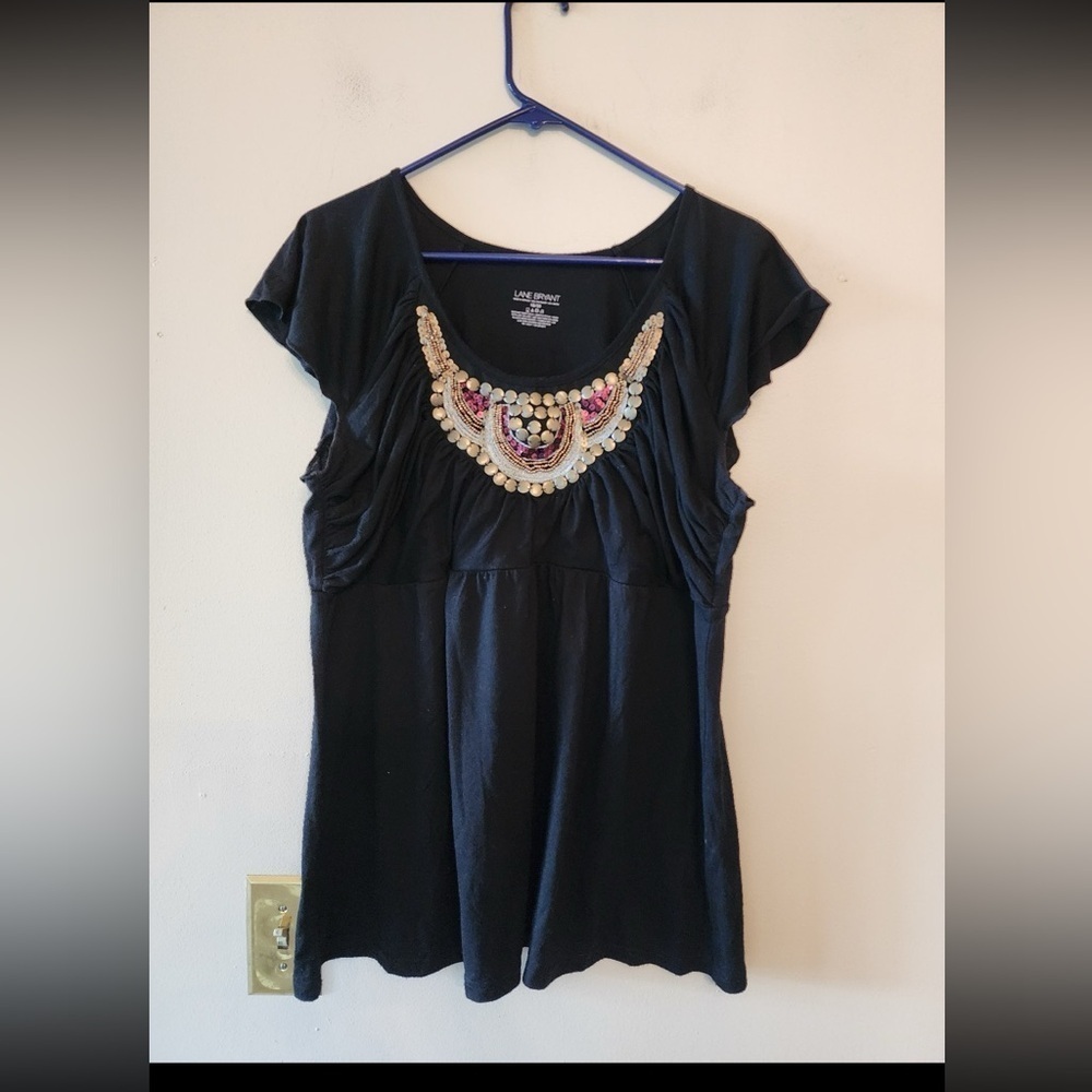 Lane Bryant Women 18/20 Black Short Sleeve Beaded Blouse